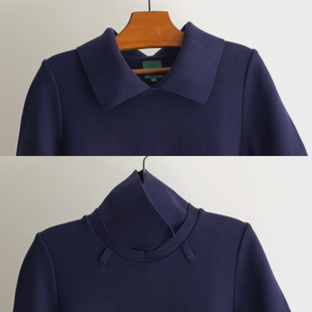 Pull manches courtes en maille de coton bleu marine vue passants sous le col - BLONDY BERRY